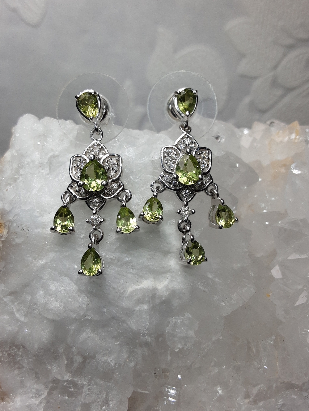 925 Peridot And Zircon Drop Earrings.